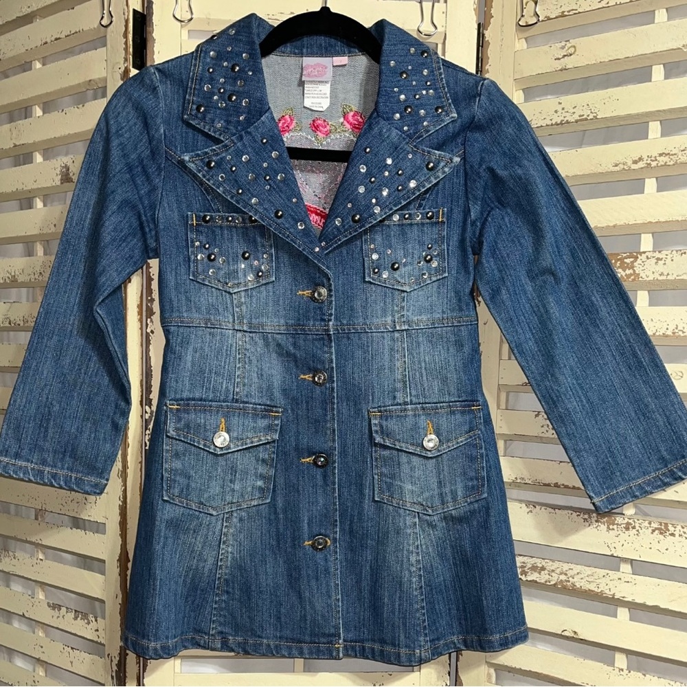 LN~Lipstik~Denim~Rhinestone/Stud Embellished~Rose Embroidered~Jacket~Size 8